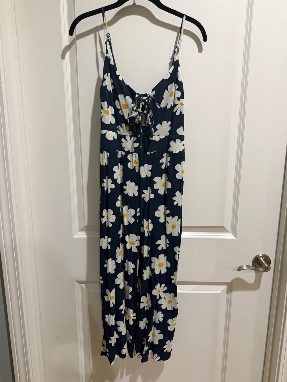 Luxology Navy Blue Floral Lace-Up Jumpsuit with White & Yellow Daisies